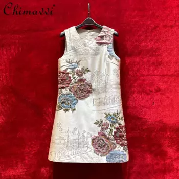 Высококачественное изысканное жаккардовое тонкое платье без рукавов с тяжелым бисером, осеннее новое модное свободное элегантное короткое платье с круглым вырезом в стиле ретро