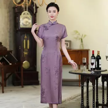 Высококачественное платье Ципао из натурального шелка, новинка 2024, повседневное Элегантное Длинное Платье в стиле ретро