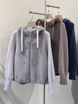 Высококачественное повседневное стильное пальто из натурального меха B * C, Лоскутная куртка с капюшоном