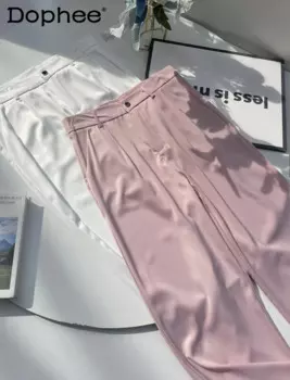 Высококачественные ацетатные атласные тонкие ледяные Шелковые Широкие брюки женские драпированные свободные прямые повседневные брюки с высокой талией летние брюки