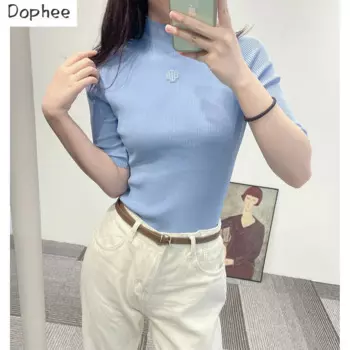 Высококачественные Новые осенние модные женские трикотажные рубашки, подходящие ко всему Приталенный топ с коротким рукавом и вышивкой, свитер с высоким воротником