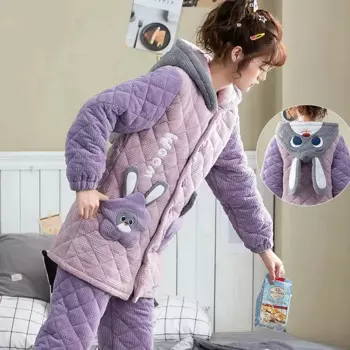 Высококачественные осенне-зимние Бархатные пижамные комплекты из кораллового бархата, женские трехслойные стеганые хлопковые толстые фланелевые пижамные комплекты с брюками, женский домашний пижамный комплект