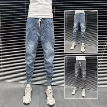 Высококачественные потертые брюки, мужские роскошные узкие джинсы для мужчин с завязками, повседневные весенне-осенние брюки-карандаш в стиле хип-хоп