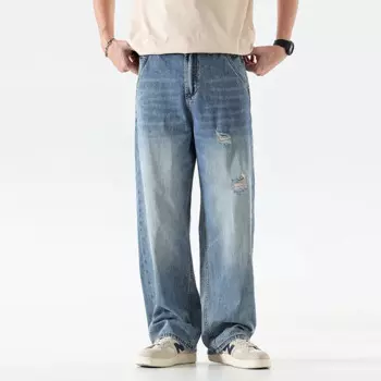 Высококачественные повседневные джинсы в стиле ретро с дырками, свободные прямые брюки в американском стиле, тонкие летние мужские брюки с широкими штанинами