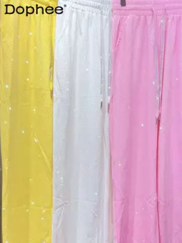 Высококачественные тонкие широкие брюки ярких цветов, весна-лето 2023, модные стильные повседневные брюки со стразами для тяжелой промышленности