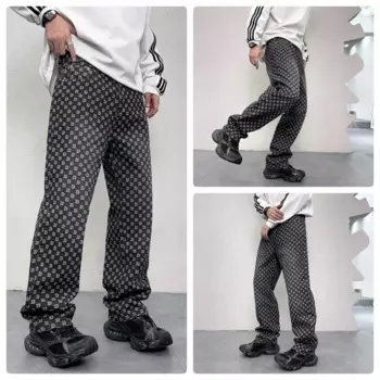 Высококачественные жаккардовые свободные прямые мужские джинсы с буквами бренда Tide, повседневные мужские брюки черного и серого цвета