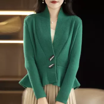 Высококачественный кашемировый кардиган для женщин, Короткая Талия, тонкий свитер, свитер, костюм, с пряжкой из рога, шерстяное пальто