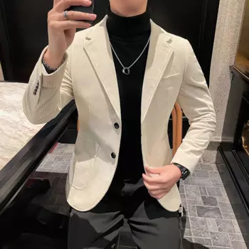 Высококачественный модный красивый повседневный вельветовый пиджак бежевого и белого цвета, мужской облегающий корейский Костюм, толстый Топ