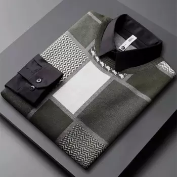 Высококачественный модный роскошный клетчатый свитер из двух частей с прострочкой, мужской толстый вязаный пуловер с воротником-рубашкой на осень и зиму