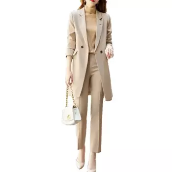 Высококачественный офисный Профессиональный Женский блейзер и брюки, комплект из 2 предметов, осенняя мода, Длинная женская куртка, деловой костюм, повседневные брюки