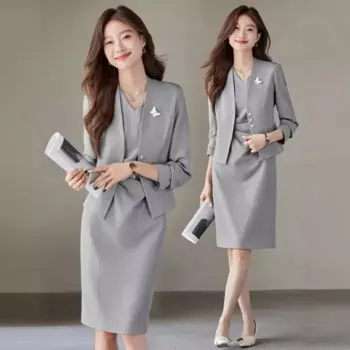 Высококачественный серый пиджак для женщин, осень 20224, новая темпераментная офисная одежда, темпераментный костюм богини, платье, костюм