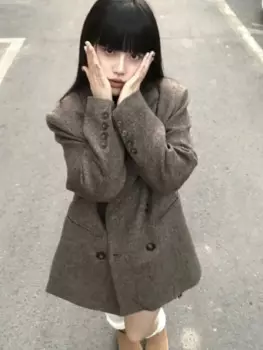 Высококачественный шерстяной Блейзер Insozkdg в стиле ретро кофейного цвета, Женское зимнее повседневное свободное теплое шерстяное пальто большого размера, высокое качество