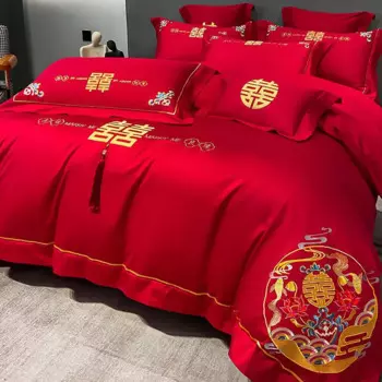 Высококачественный Свадебный комплект из четырех предметов с вышивкой дракона и феникса, Красная Простыня, пододеяльник, набор для свадьбы, набор из четырех предметов