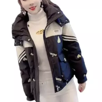 Высококачественный темпераментный белый пуховик, женский зимний 2024 Новый Свободный теплый модный короткий пуховик с капюшоном и принтом для женщин.