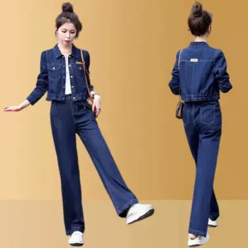 Высококачественный весенний Джинсовый комплект для женщин, Новинка весна-осень 2023, короткое пальто, высококачественные широкие брюки, Женский костюм из двух предметов