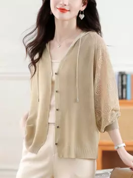 Высококачественный вязаный кардиган, женский летний короткий стиль, тонкая Солнцезащитная одежда с капюшоном, куртка-шаль