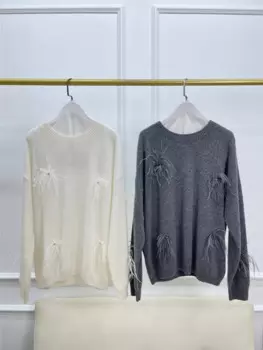 Высококачественный вязаный свитер со стразами и перьями, кашемировый пуловер с круглым вырезом и длинным рукавом