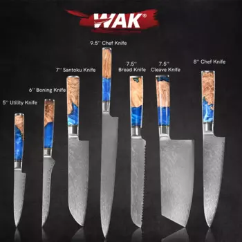 WAK 7 шт., кухонный комплект нож шеф-повара из дамасской стали, мясницкий нож для нарезки хлеба, синяя смола и деревянная ручка Pakka