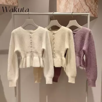 WAKUTA японский классический осенний вязаный кардиган с круглым вырезом и длинными рукавами, милая однотонная юбка на талии, толстовка с капюшоном, ретро пригородные пуловеры