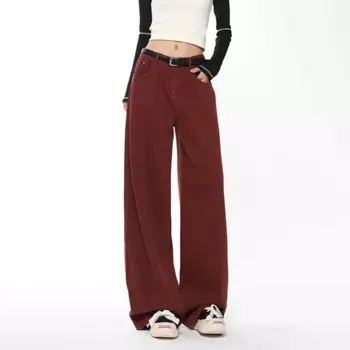 WCFCX STUDIO Ретро винно-красные джинсы в американском стиле женские осенние новые модные свободные повседневные длинные брюки с широкими штанинами