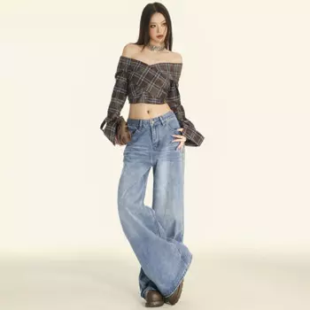 WCFCX STUDIO женские уличные джинсовые брюки Y2k прямые джинсы женские винтажные 90-е с высокой талией Свободные повседневные длинные брюки с широкими штанинами