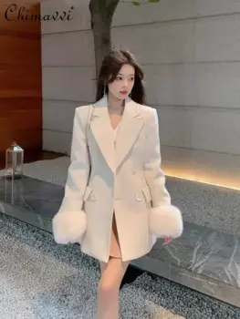 Белый шерстяной костюм, шерстяная куртка, женская зимняя новая высококачественная модная облегающая шерстяная куртка с длинными рукавами и утолщенной подкладкой