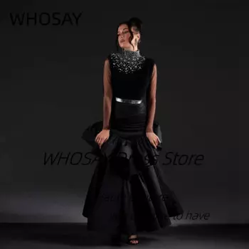 WHOSAY Черные платья для выпускного вечера длиной до щиколотки по индивидуальному заказу с высоким воротником из тюля и длинными рукавами Вечерние платья Многоуровневое платье Des Soiree