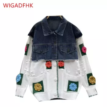 WIGADFHK дизайн чувственный трехмерный цветочный свитер вышивка джинсовый кардиган 2023 осень и зима новая свободная джинсовая куртка