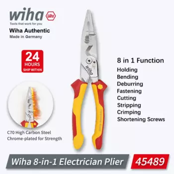 Wiha 45489 Многофункциональные плоскогубцы 8 в 1, плоскогубцы для зачистки изолированных проводов для промышленного электрика, 1000 В, тестирование VDE, простота в эксплуатации