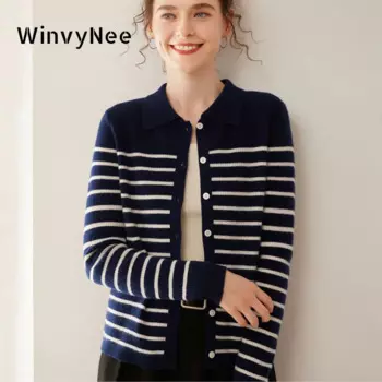 WinvyNee женская одежда кашемировые шерстяные кардиганы с круглым вырезом в полоску и длинными рукавами эластичные свитера верхняя одежда пальто зимние B 1054036