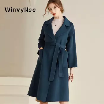 WinvyNee женские длинные шерстяные пальто с поясом Двустороннее пальто женское длинное свободное высококачественное шерстяное пальто с лацканами H1343015