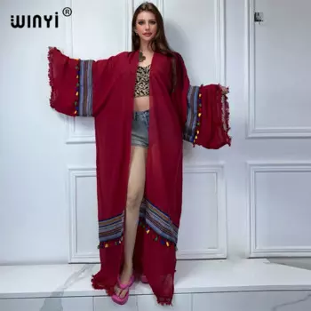 WINYI 2024 летний кардиган, сексуальное длинное кимоно с вышивкой, пляжная одежда для женщин, Средний Восток, женский длинный роскошный кафтан