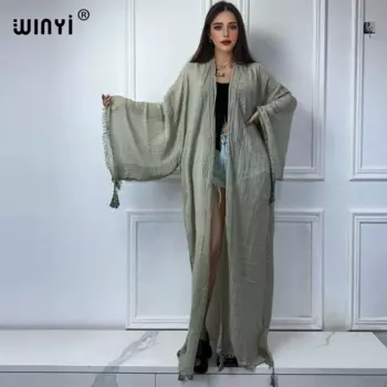 WINYI кимоно сделать старый кардиган с бахромой abaya дубай роскошные элегантные пляжные наряды для женщин сексуальное хлопковое платье кафтан