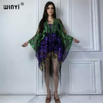 WINYI вышитый кардиган с кисточками бикини накидка прозрачные сексуальные пляжные наряды для женщин вечернее платье цветная шаль с блестками