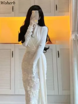 Woherb элегантное абрикосовое платье с длинным рукавом, женские облегающие бандажные цельные платья с V-образным вырезом, роскошное праздничное платье с цветочной вышивкой