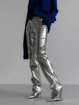 Wolfeel новые осенне-зимние женские серебряные брюки из искусственной кожи, модные блестящие светящиеся брюки с высокой талией, шикарные прямые брюки