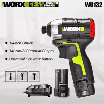 Worx WU132 Беспроводная ударная отвертка Перезаряжаемая бесщеточная 140 Нм 12 В Регулировка крутящего момента Профессиональная универсальная оранжево-зеленая батарея