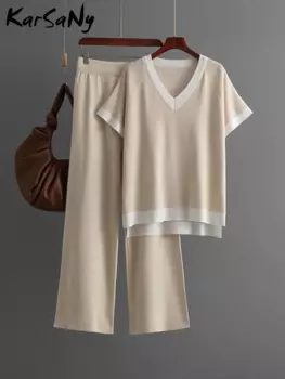 вязаный костюм женский, Костюм женский трикотажный с V-образным вырезом и брюками, костюм летний женские, спортивный костюм женский, костюм летний женские с брюками, костюм женский летний брючный