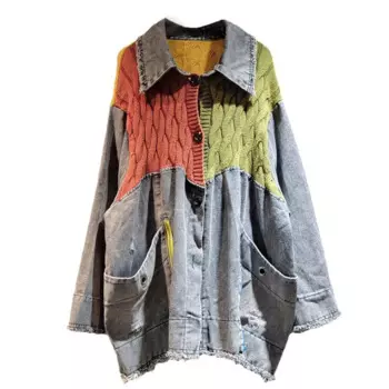 WTHT 2024, осеннее винтажное лоскутное вязаное джинсовое пальто для женщин, свободная куртка с большими карманами, женская мода 1LS242