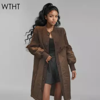 WTHT модное женское вязаное теплое пальто с кисточками 2024, зимняя модная однобортная длинная куртка с круглым вырезом, женская 1LS231