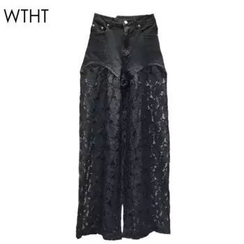 WTHT модные новые женские джинсовые брюки с кружевным дизайном в стиле пэчворк, осень 2024, модные прямые широкие джинсы с высокой талией, женские 1LS337