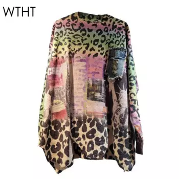 WTHT модный женский джинсовый вязаный свитер с градиентным леопардовым принтом, осень 2024, женские пуловеры с круглым вырезом и длинными рукавами 1LS212