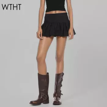 WTHT новые модные женские однотонные пышные мини-юбки 2024, осенняя модная юбка трапециевидной формы с высокой талией и цветком, женская 1LS136