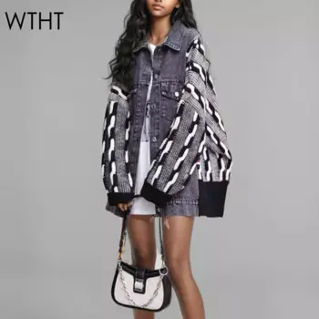 WTHT винтажное модное женское джинсовое пальто в полоску с длинными рукавами, осень 2024, женская куртка с отложным воротником и пуговицами 1LS245