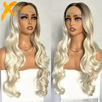 X-TRESS волнистый кружевной парик синтетические Омбре серебряный цвет T часть HD Прозрачный Швейцарский Кружевной пушистый Упругие волосы парики 30 дюймов