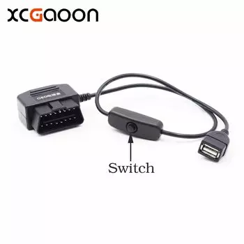 XCGaoon OBD 16-контактный автомобильный преобразователь постоянного тока в постоянный кабель с портом USB и переключателем, входом от 12 В постоянного тока, 24 В до 5 В, 2,1 А, защита от низкого напряжения