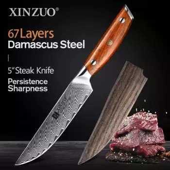 XINZUO 5-дюймовый нож для стейка, рукоятка из палисандра, 67 слоев, кухонный нож из дамасской стали, высококачественные ножи для западного стейка с подарочной коробкой