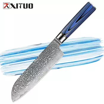 XITUO нож сантоку 7 дюймов дамасский кухонный нож Ультра острые лезвия лучший нож сантоку для профессионального шеф-повара и ресторана-синяя Ручка G10