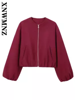 XNWMNZ 2024, новинка осени/зимы, женская повседневная куртка на молнии с карманами и длинными рукавами, женская винтажная однотонная верхняя куртка с круглым воротником