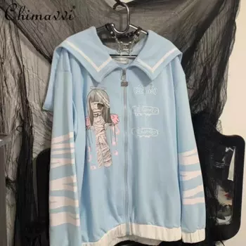 Y2k двухмерная Толстовка с длинным рукавом на осень и зиму в стиле японского шахтного акварельного цвета просторная толстовка с капюшоном на молнии для студенток